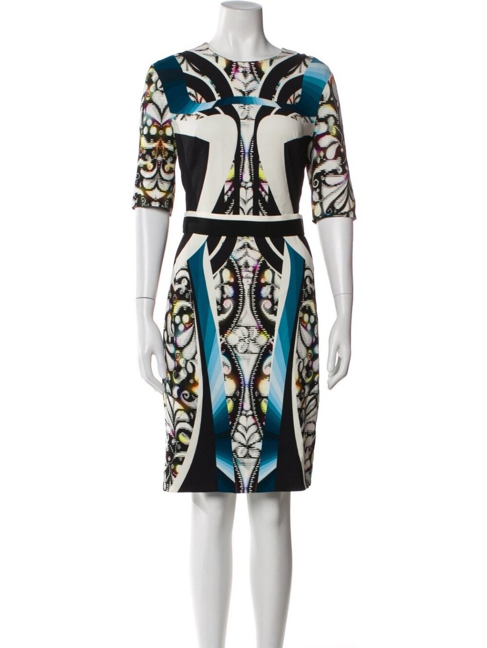 Peter Pilotto Graphic Print Multicolor Sheath Dress US 8 UK 12 Short Sleeve Belt